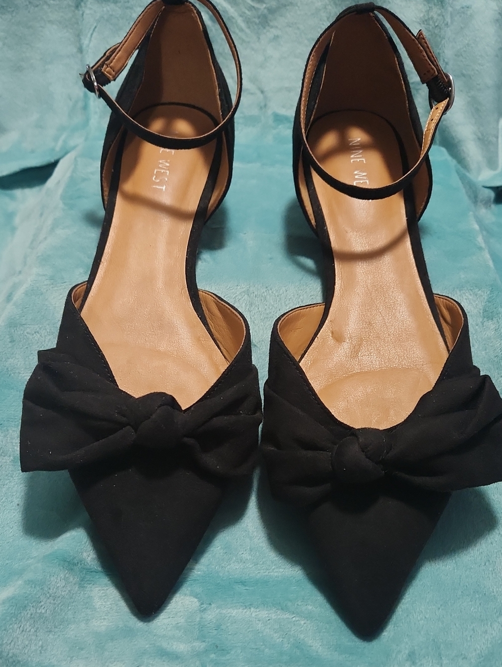 Black Pointed Toe Bow Ankle-Strap Flats